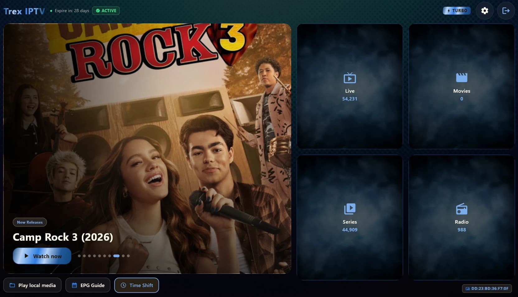 Trex IPTV home screen showing channel categories