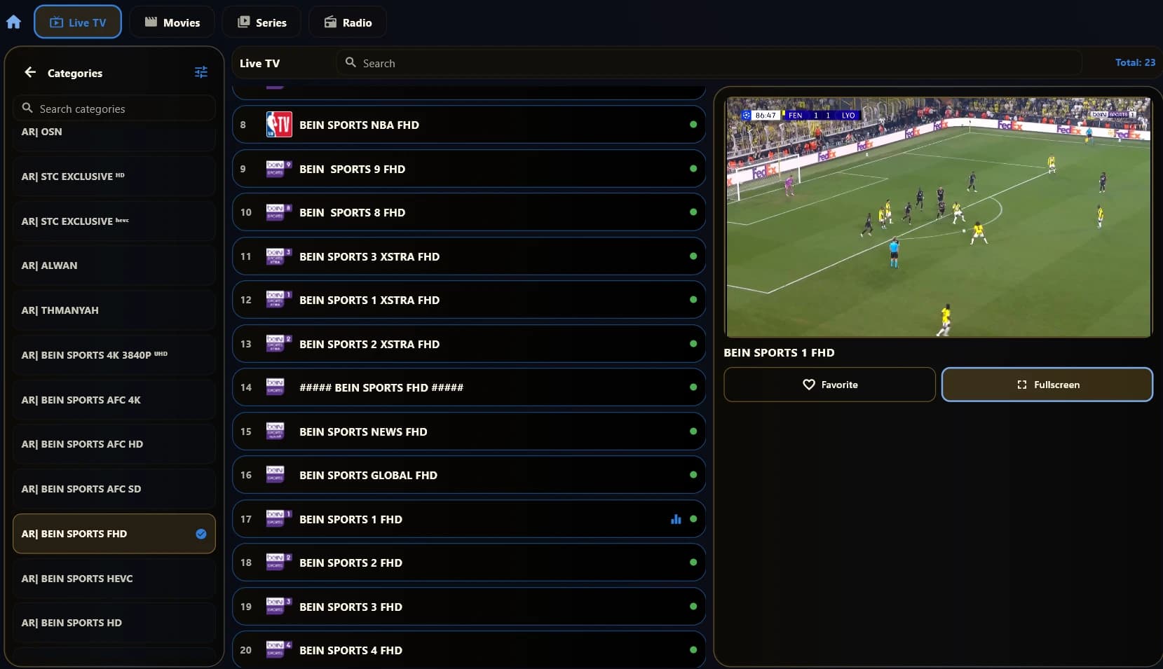 Trex IPTV playing a live channel beside the schedule