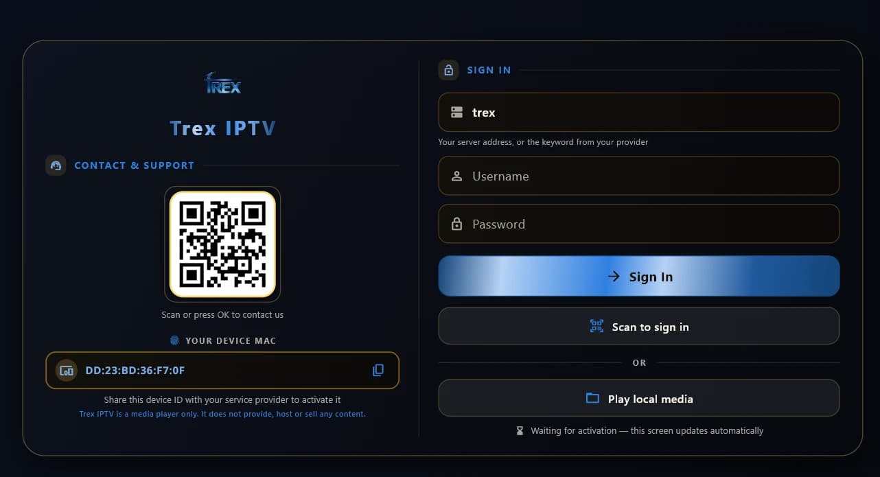 Trex IPTV Xtream Codes login screen
